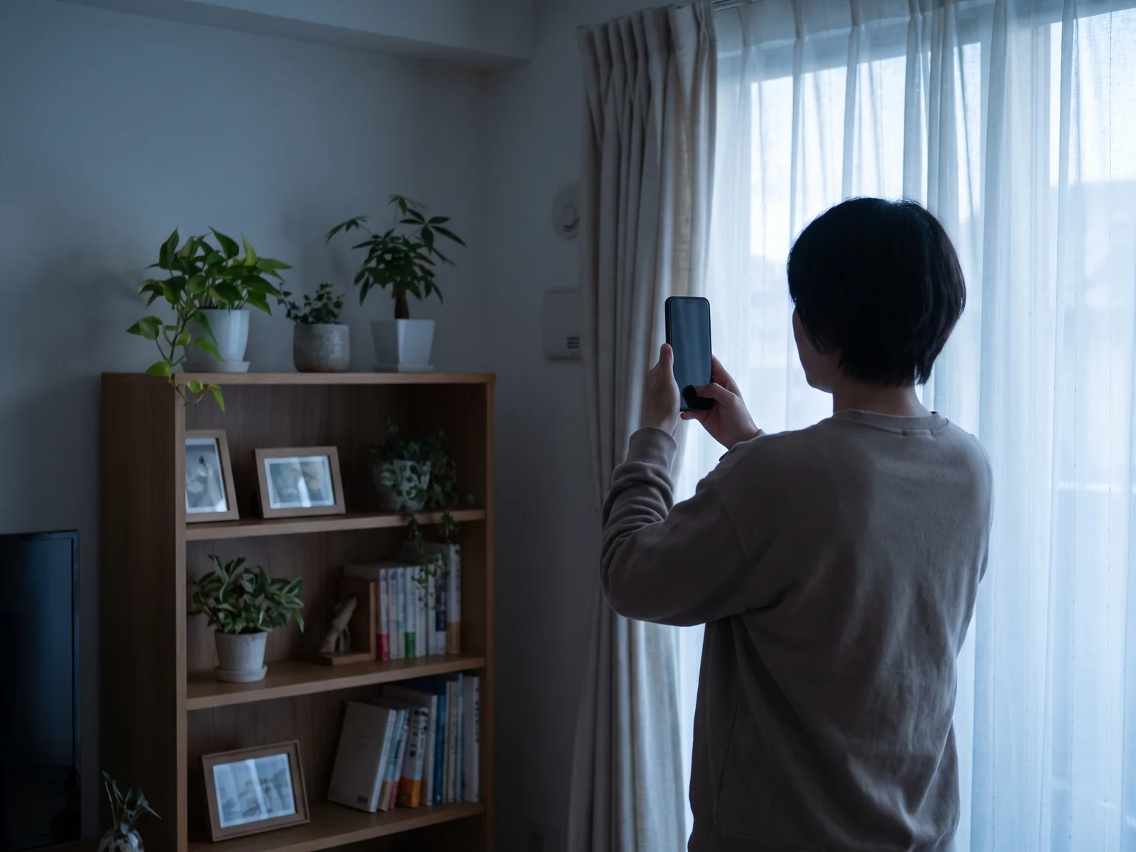 Seen from behind, a person holds up a phone to photograph a bookshelf of books, plants, and framed pictures beside a curtained window.