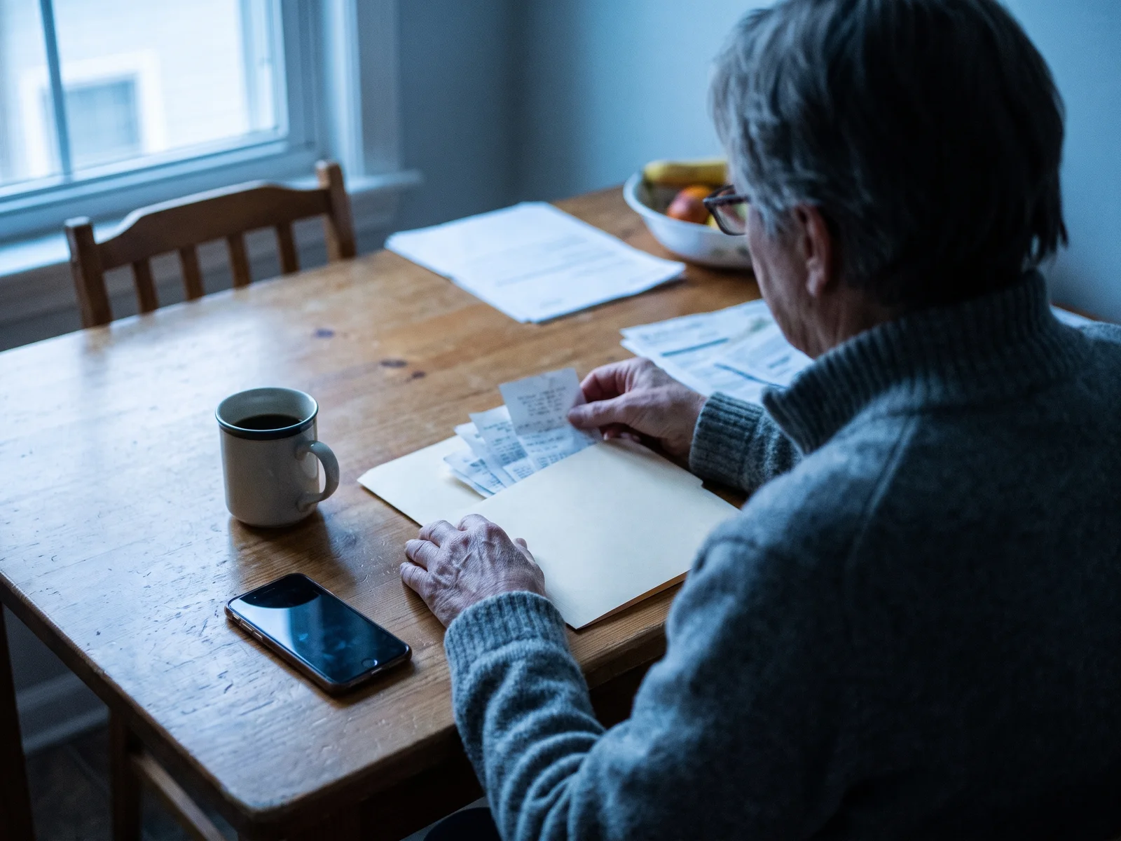 Over the shoulder of someone at a wooden kitchen table, sorting paper receipts into a folder, with a mug and a phone beside it.