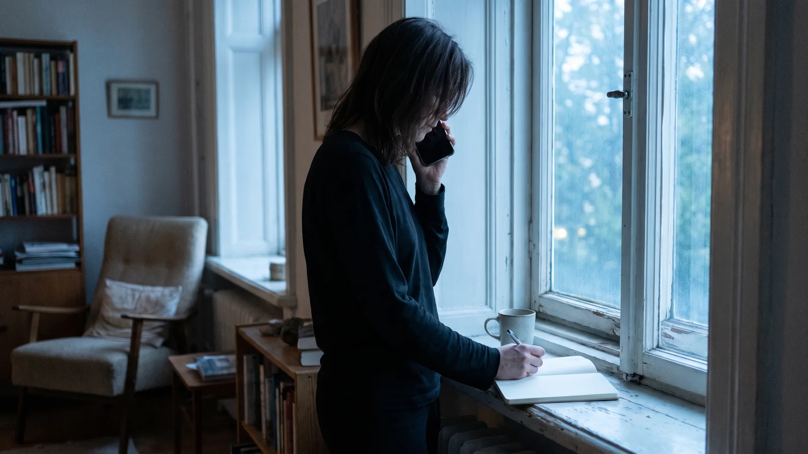 Someone on a phone call at a window, writing in an open notebook on the sill next to a mug.