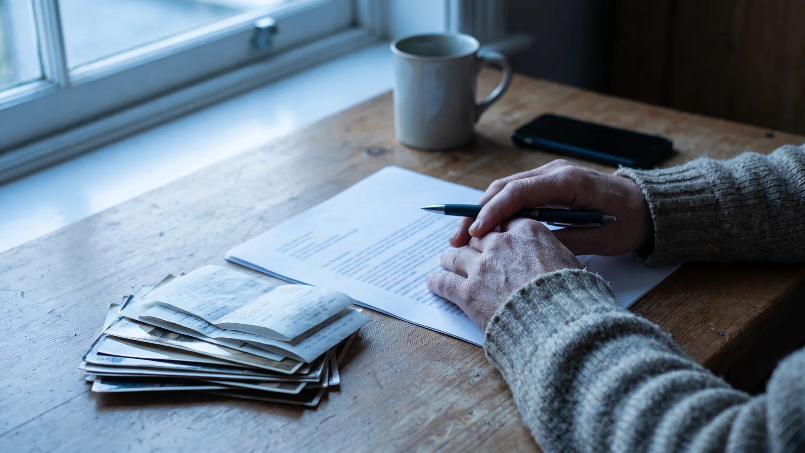 Hands resting on a printed form with a pen, beside a stack of receipts and a mug on a wooden table by a window.